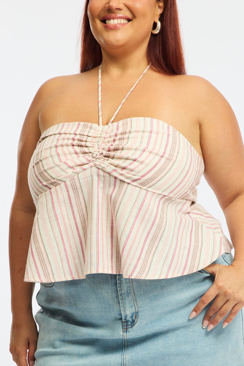 Pink Stripe Stripe Halter Top Sleeveless