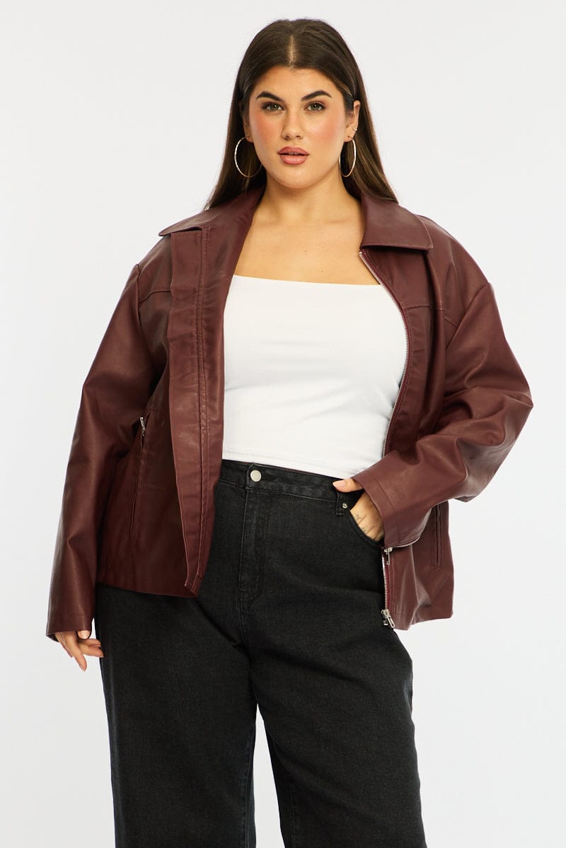 Red Faux Leather Jacket Long Sleeve