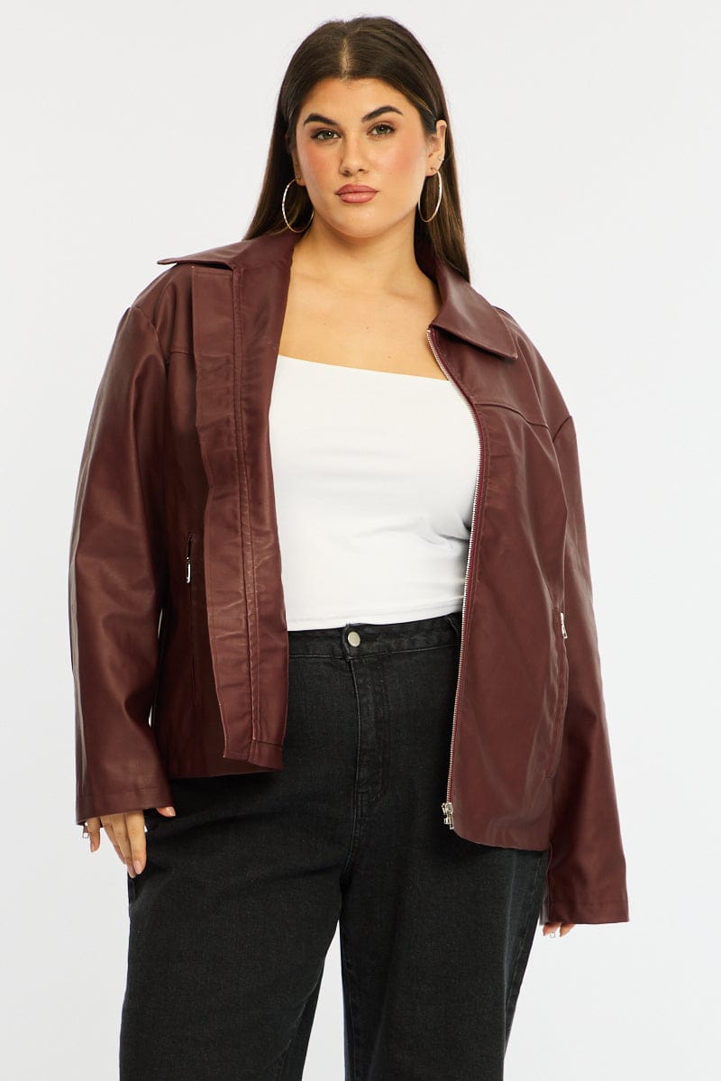 Red Faux Leather Jacket Long Sleeve