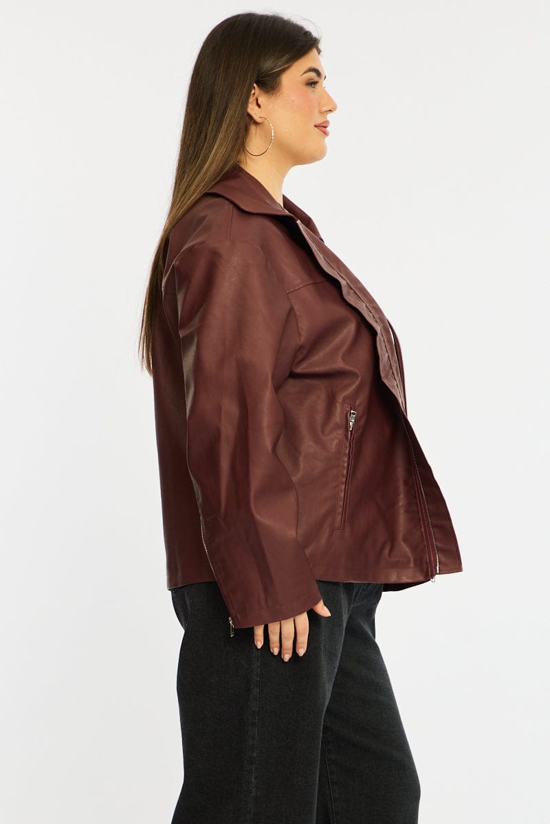 Red Faux Leather Jacket Long Sleeve