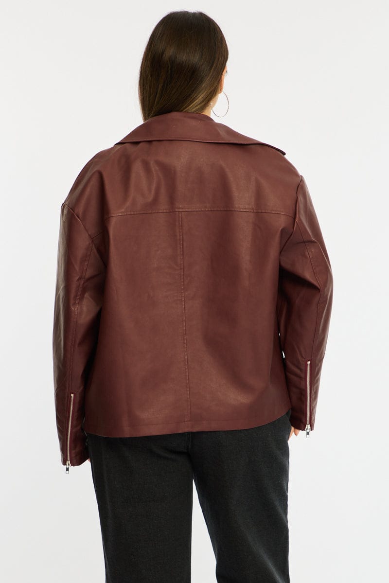 Red Faux Leather Jacket Long Sleeve