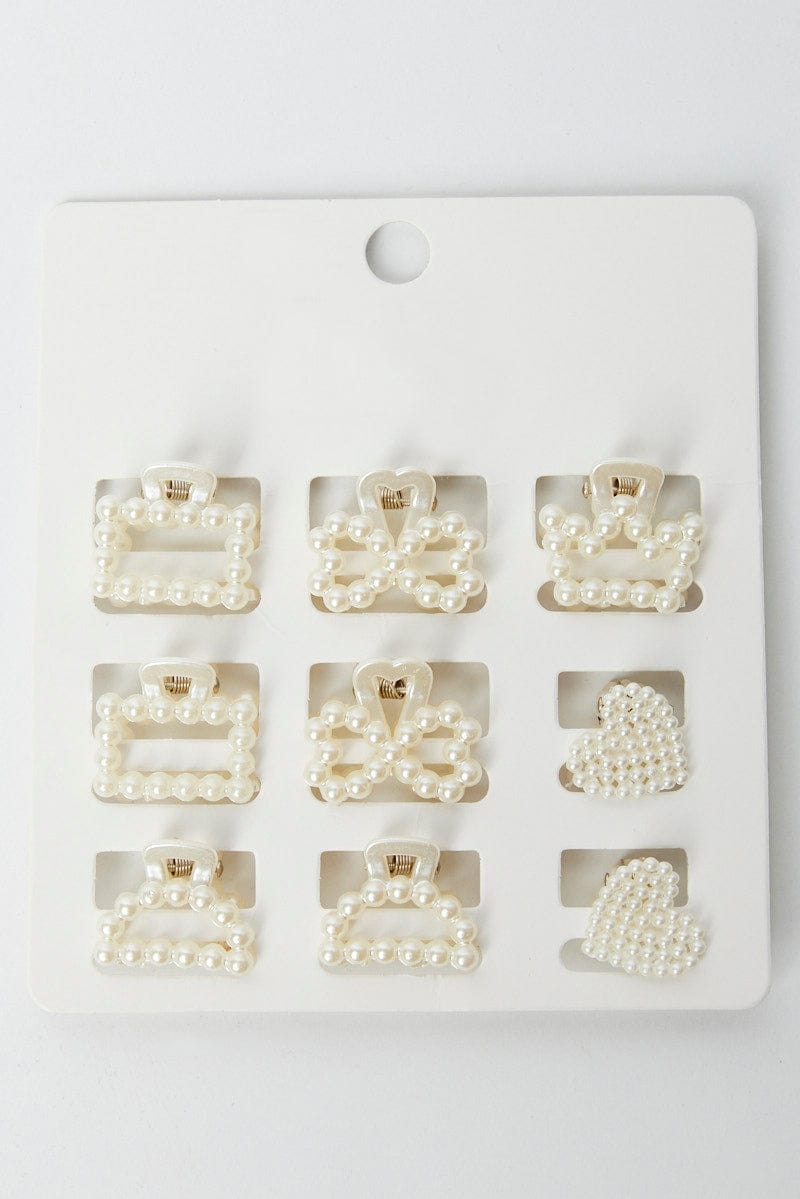 White 9 Pack Mix & Match Pearl Claw Clips for YouandAll Fashion