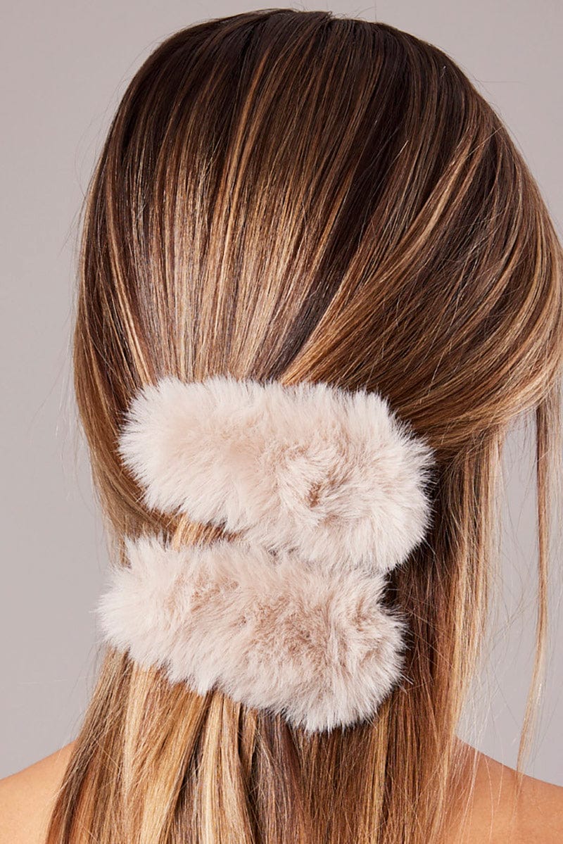 Beige 2 Pack Faux Fur Hair Clips for YouandAll Fashion