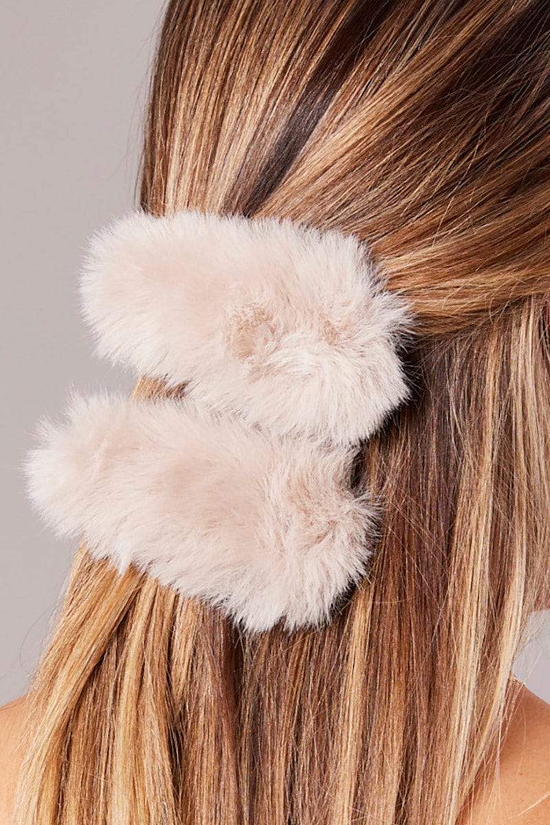 Beige 2 Pack Faux Fur Hair Clips for YouandAll Fashion