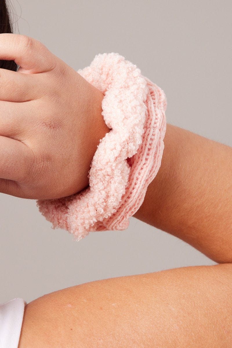 Pink 3 Pack Mixed Texture Scrunchies for YouandAll Fashion