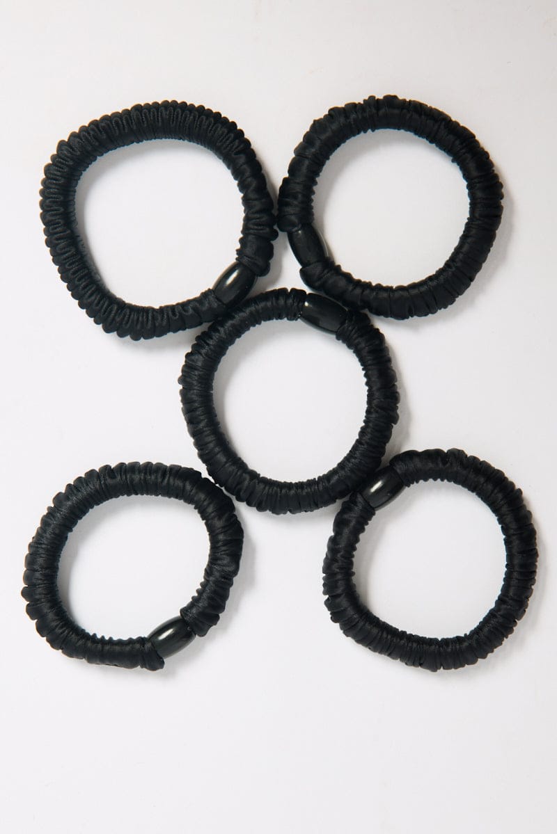 Black 5 Pk Ruched Satin Hair Scrunchies for YouandAll Fashion