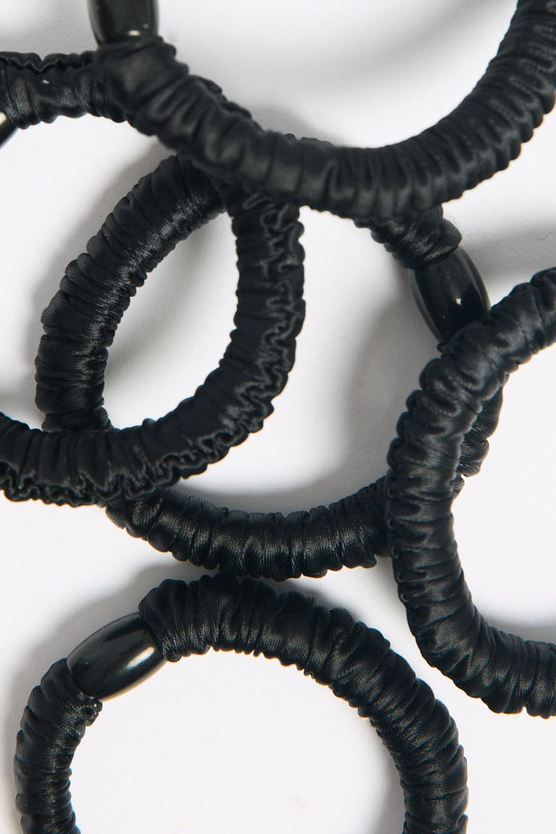 Black 5 Pk Ruched Satin Hair Scrunchies for YouandAll Fashion