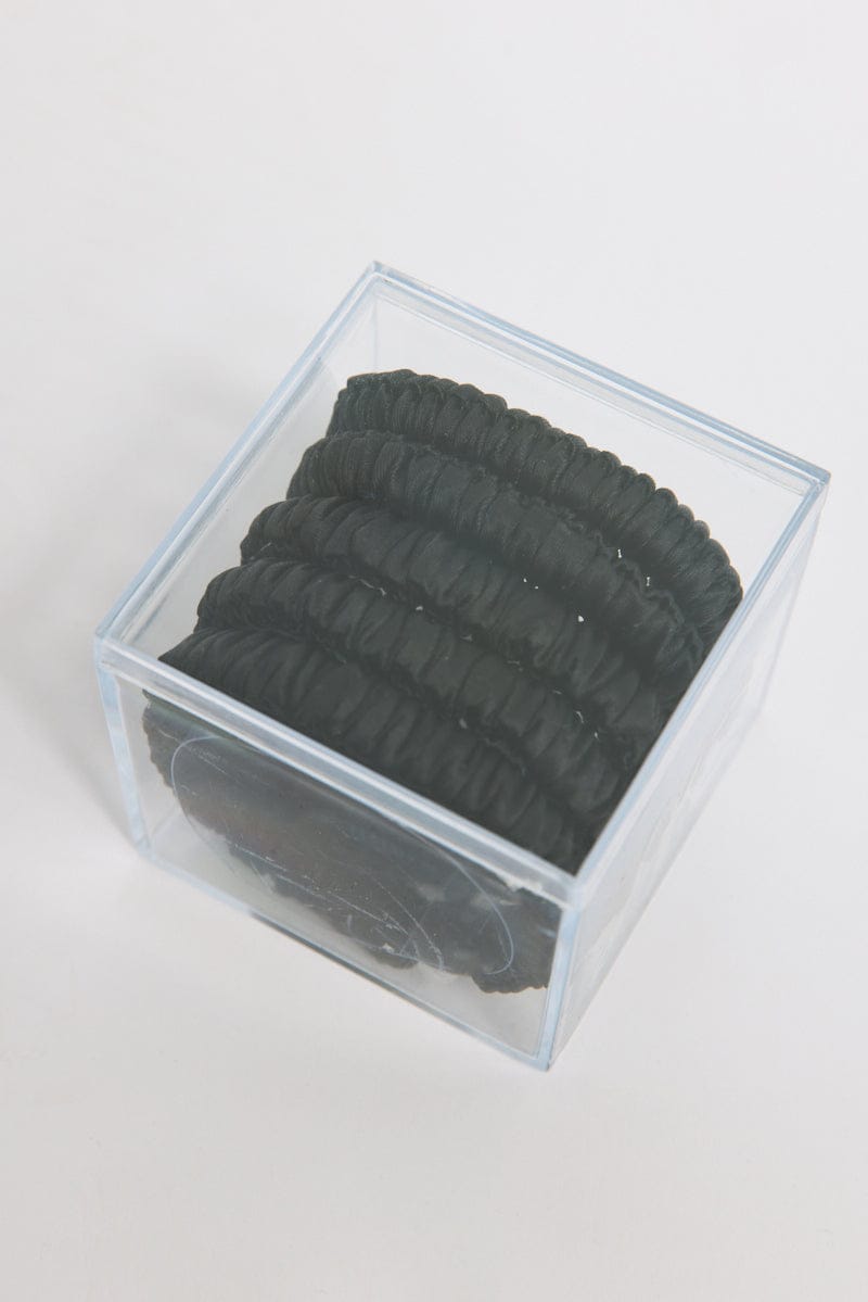 Black 5 Pk Ruched Satin Hair Scrunchies for YouandAll Fashion
