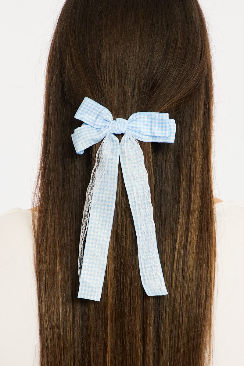 Blue Check Print Hair Bow for YouandAll Fashion