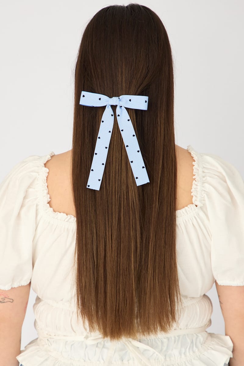 Blue Stripe Heart Print Hair Bow for YouandAll Fashion