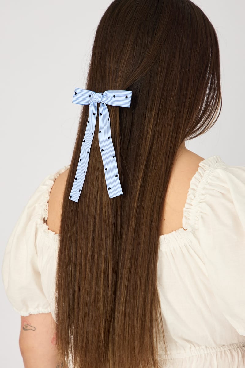 Blue Stripe Heart Print Hair Bow for YouandAll Fashion