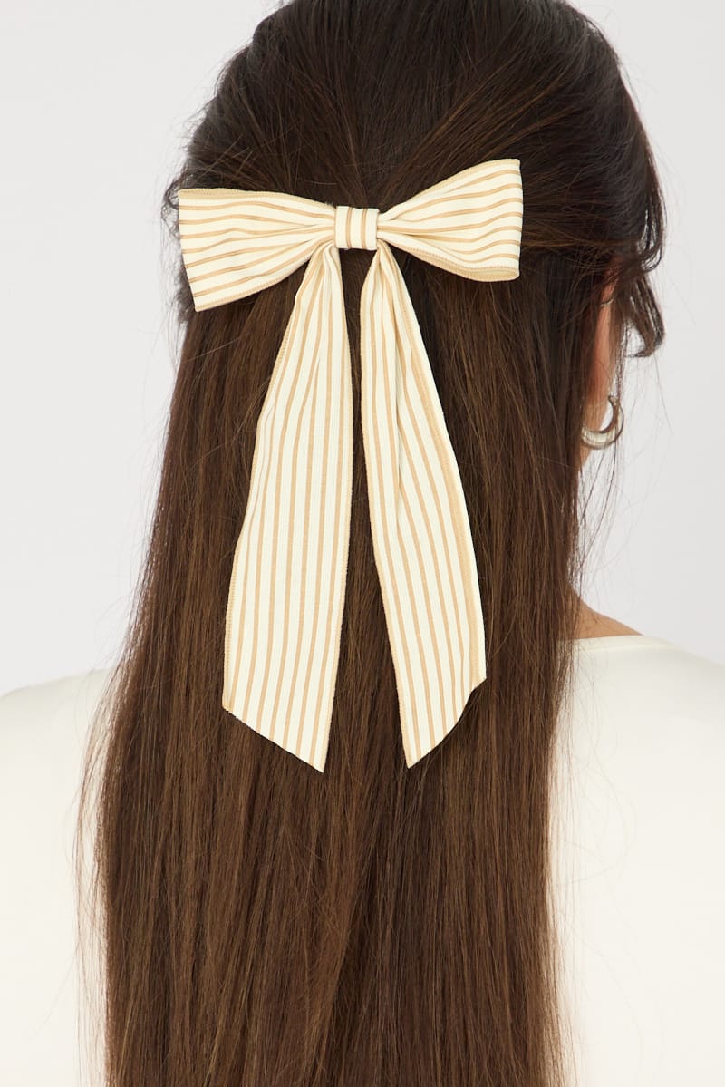 Beige Stripe Hair Bow for YouandAll Fashion