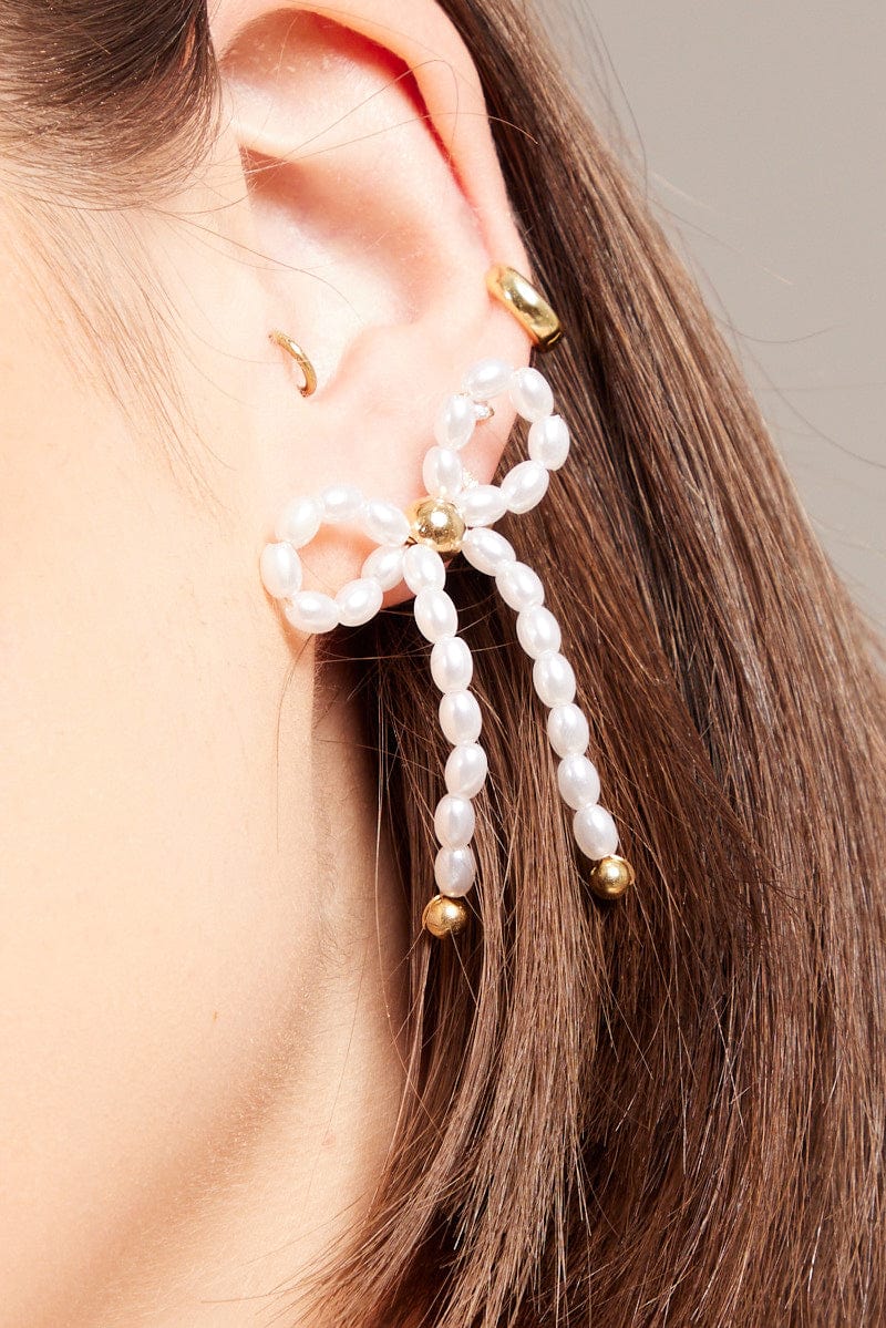 White Faux Pearl Bow Drop Earrings for YouandAll Fashion