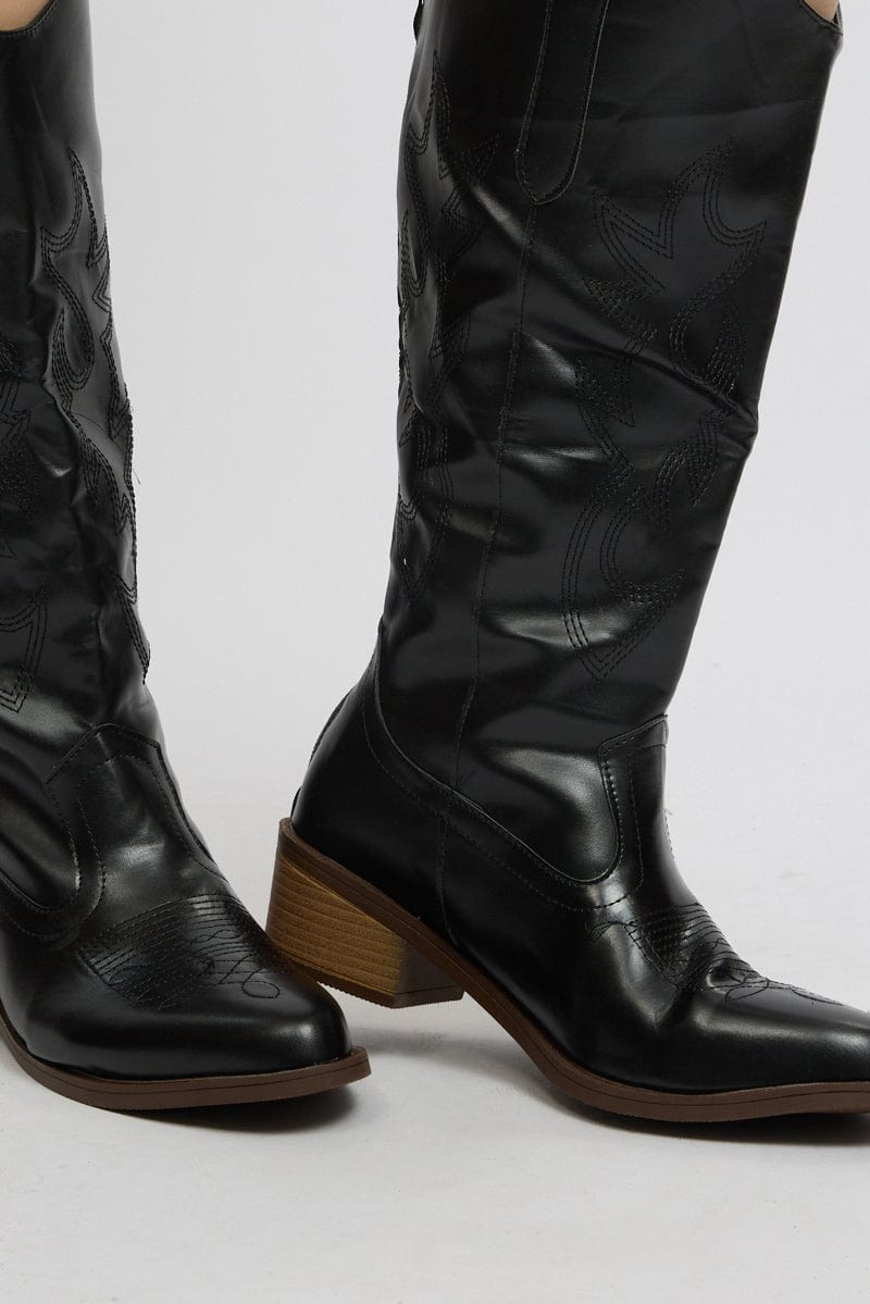 Black Wide Fit Cowboy Boots for YouandAll Fashion