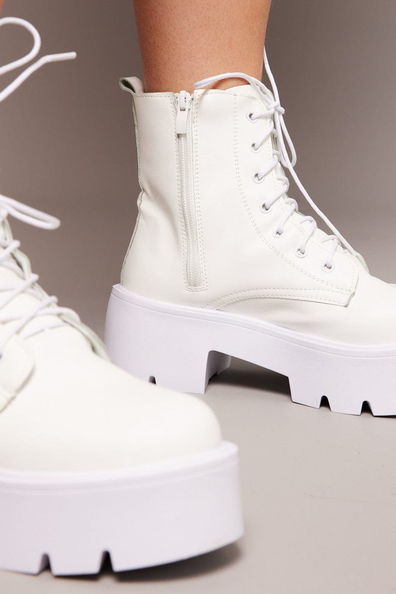 White Lace Up Chunky Boots You All - Main Image
