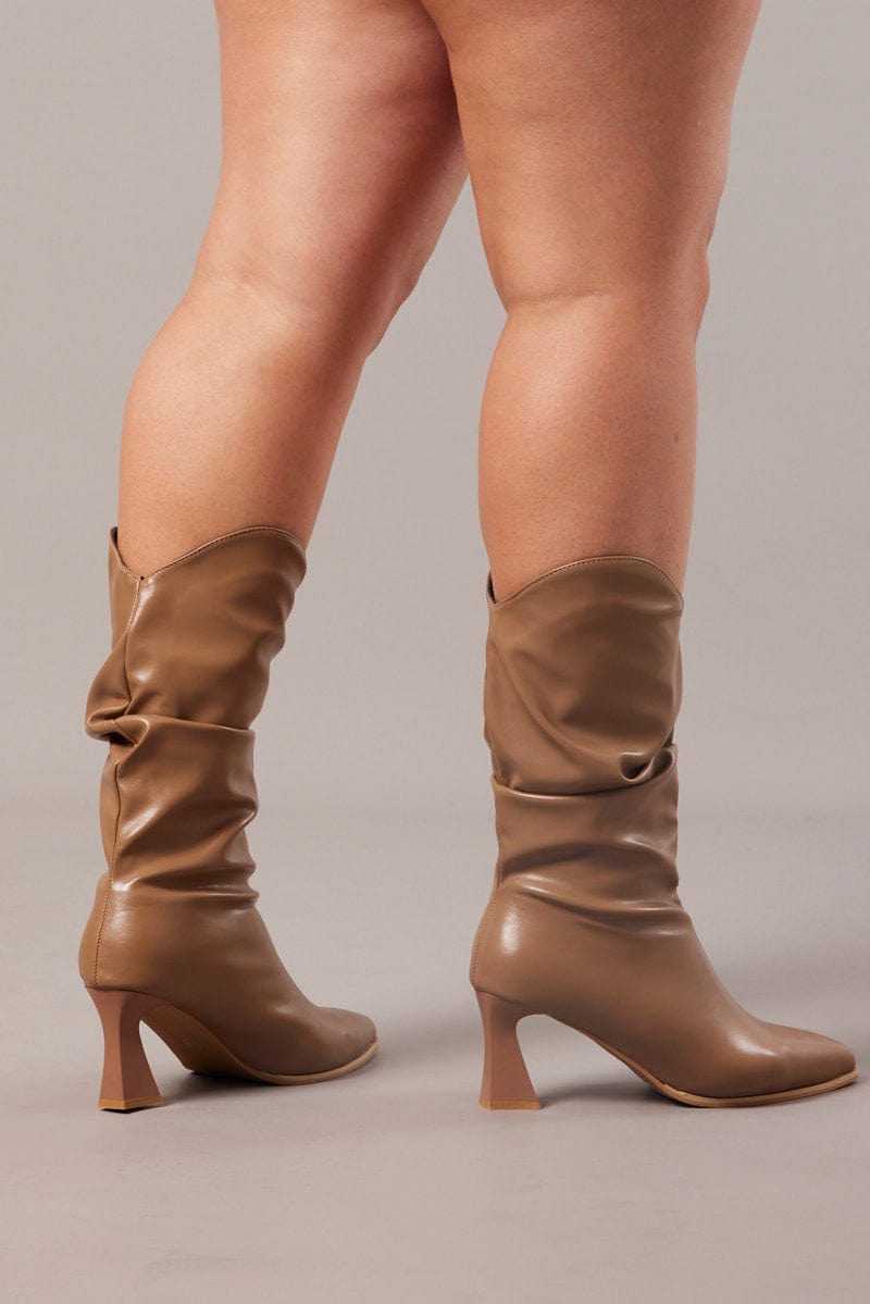 Beige Ruched Heeled Boots for YouandAll Fashion