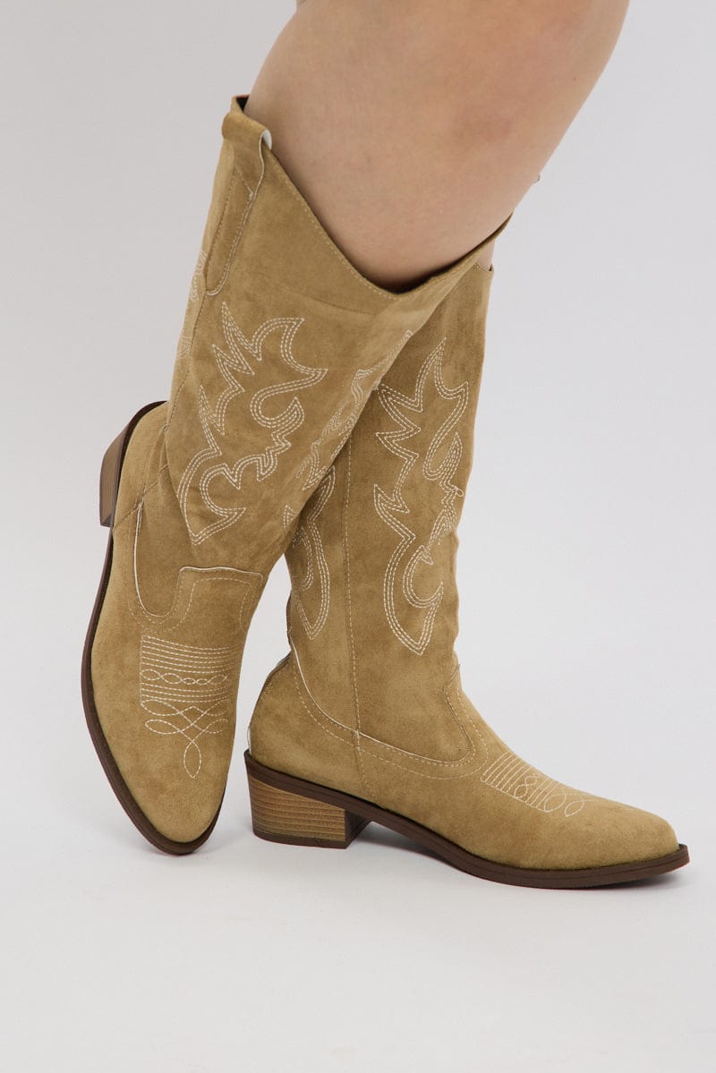 Beige Wide Fit Embroidered Cowboy Boots for YouandAll Fashion