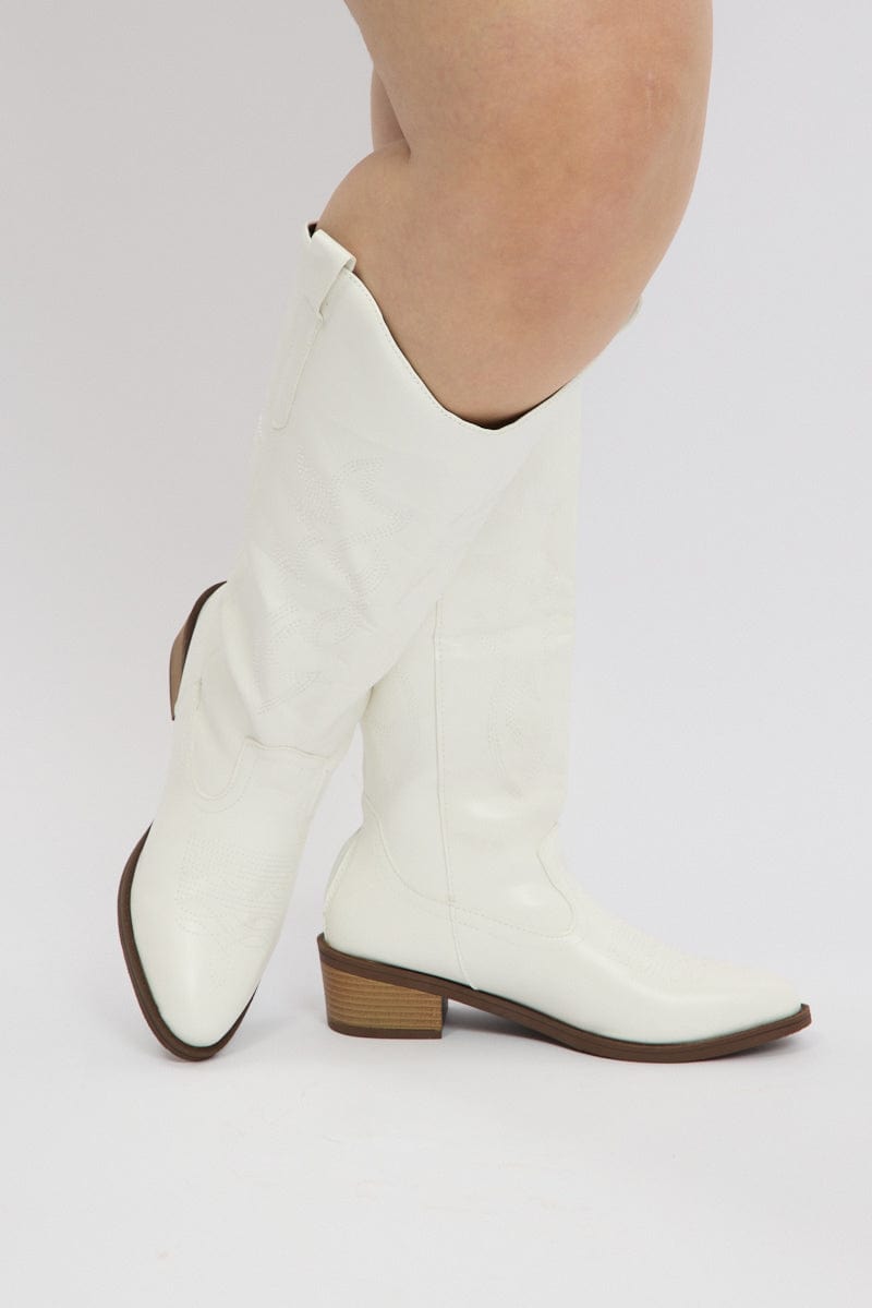 White Wide Fit Embroidered Cowboy Boots for YouandAll Fashion