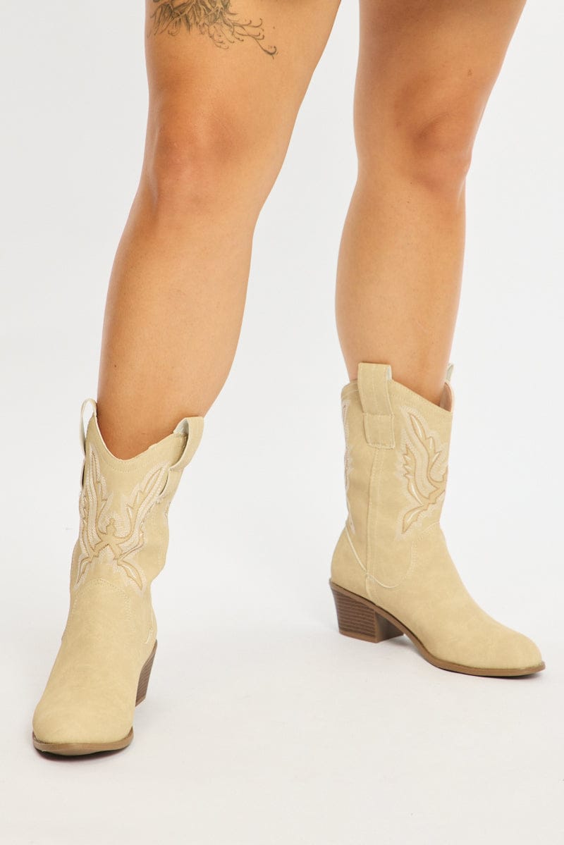 Beige Embroidered Western Cowboy Boots for YouandAll Fashion