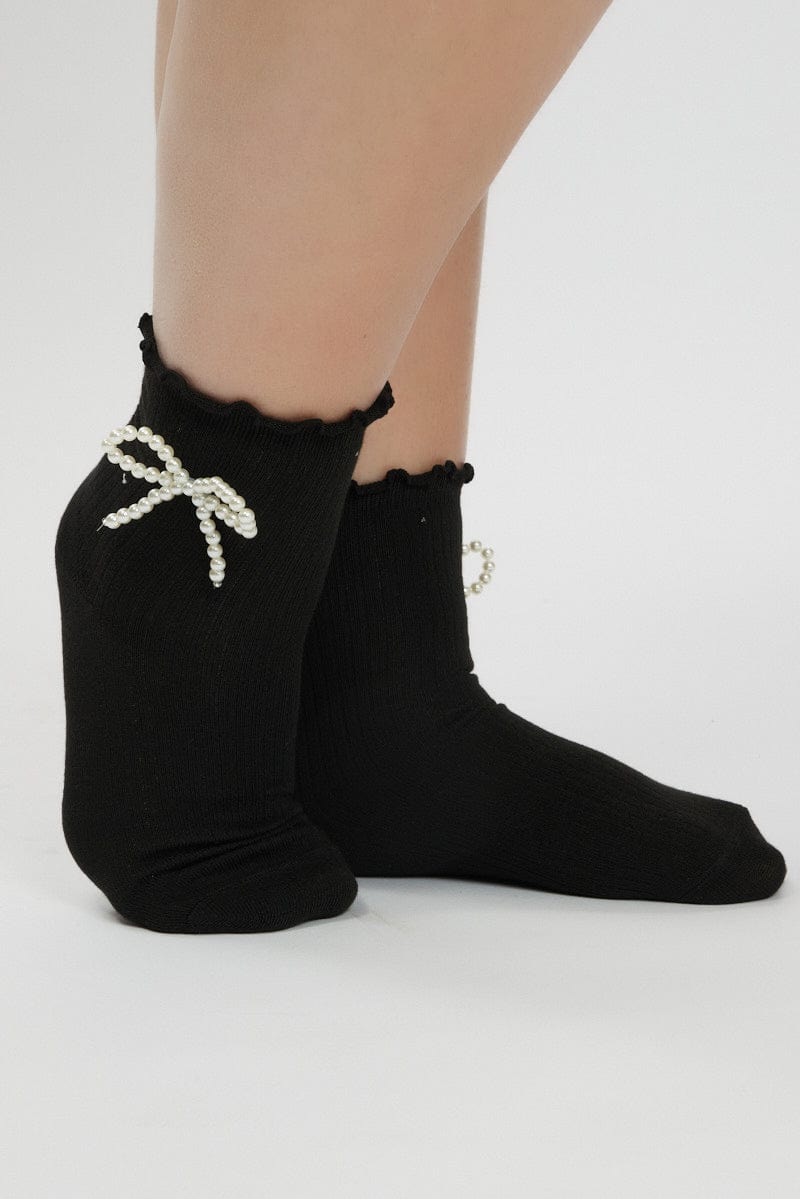 Black Frill Socks with Pearl Bow for YouandAll Fashion