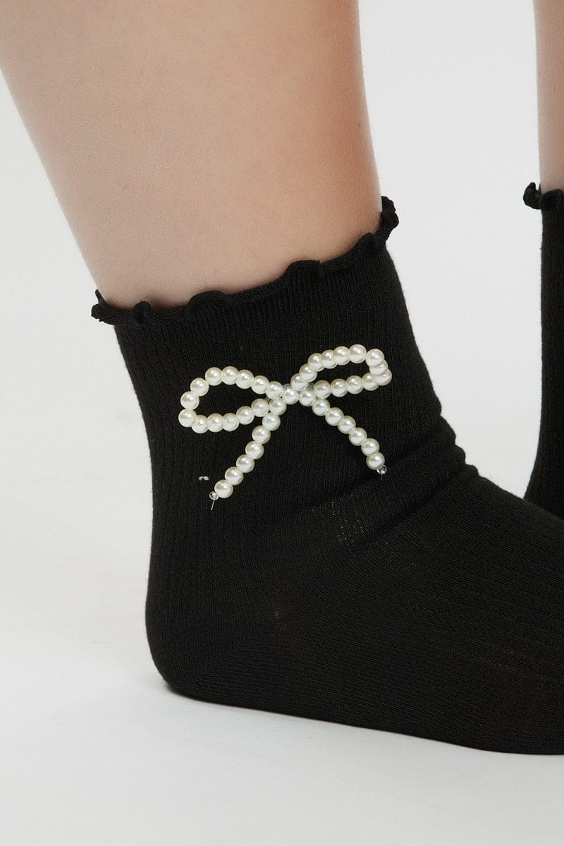 Black Frill Socks with Pearl Bow for YouandAll Fashion