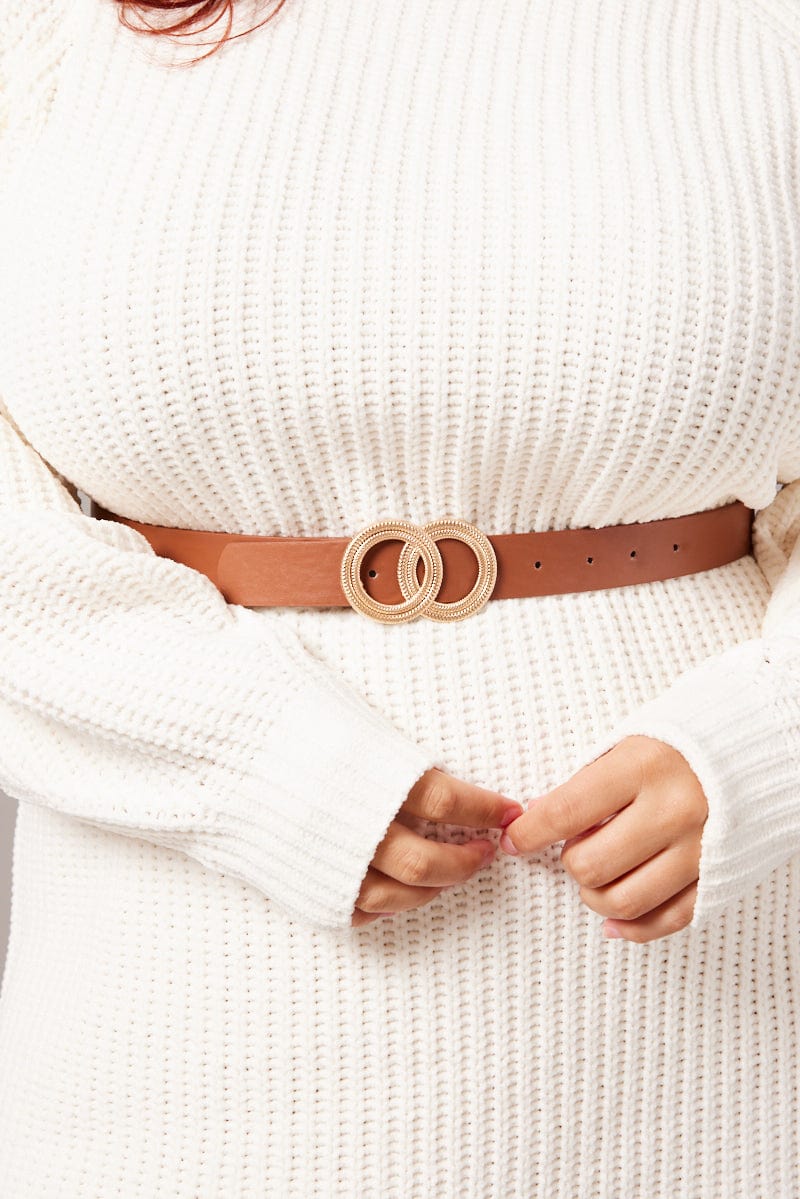 Brown Double Circle Buckle Belt for YouandAll Fashion
