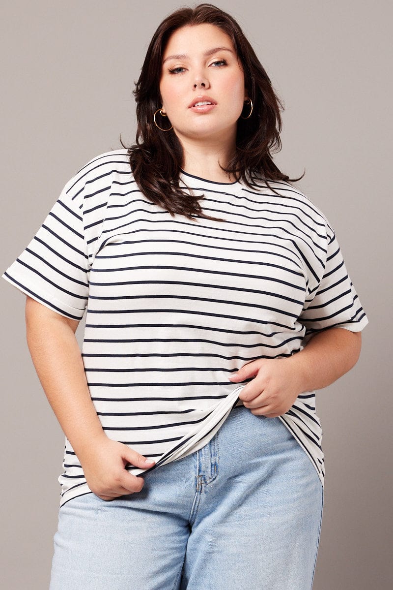 White Stripe Oversized T Shirt Short Sleeve Crew Neck for YouandAll Fashion