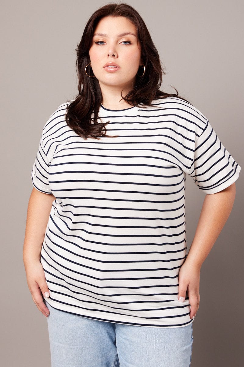 White Stripe Oversized T Shirt Short Sleeve Crew Neck for YouandAll Fashion