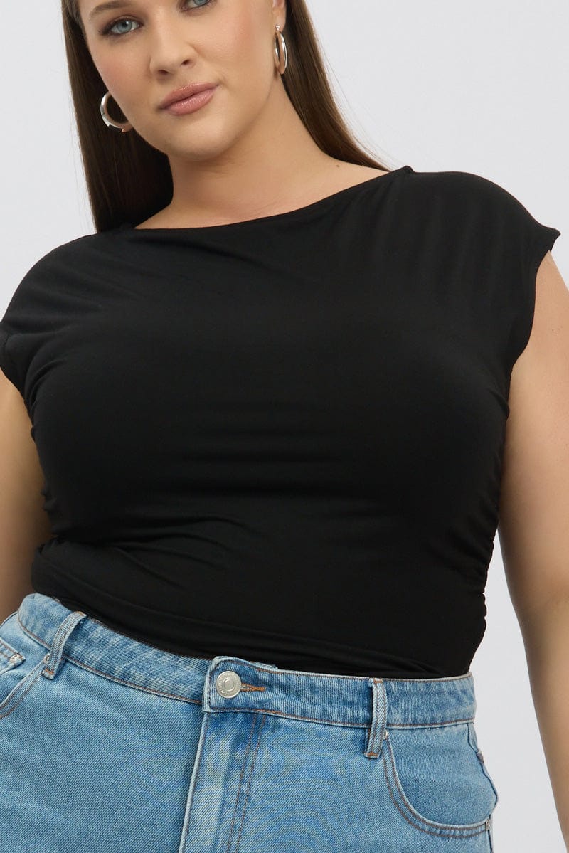 Black Short Sleeve Top Side Ruched Modal for YouandAll Fashion