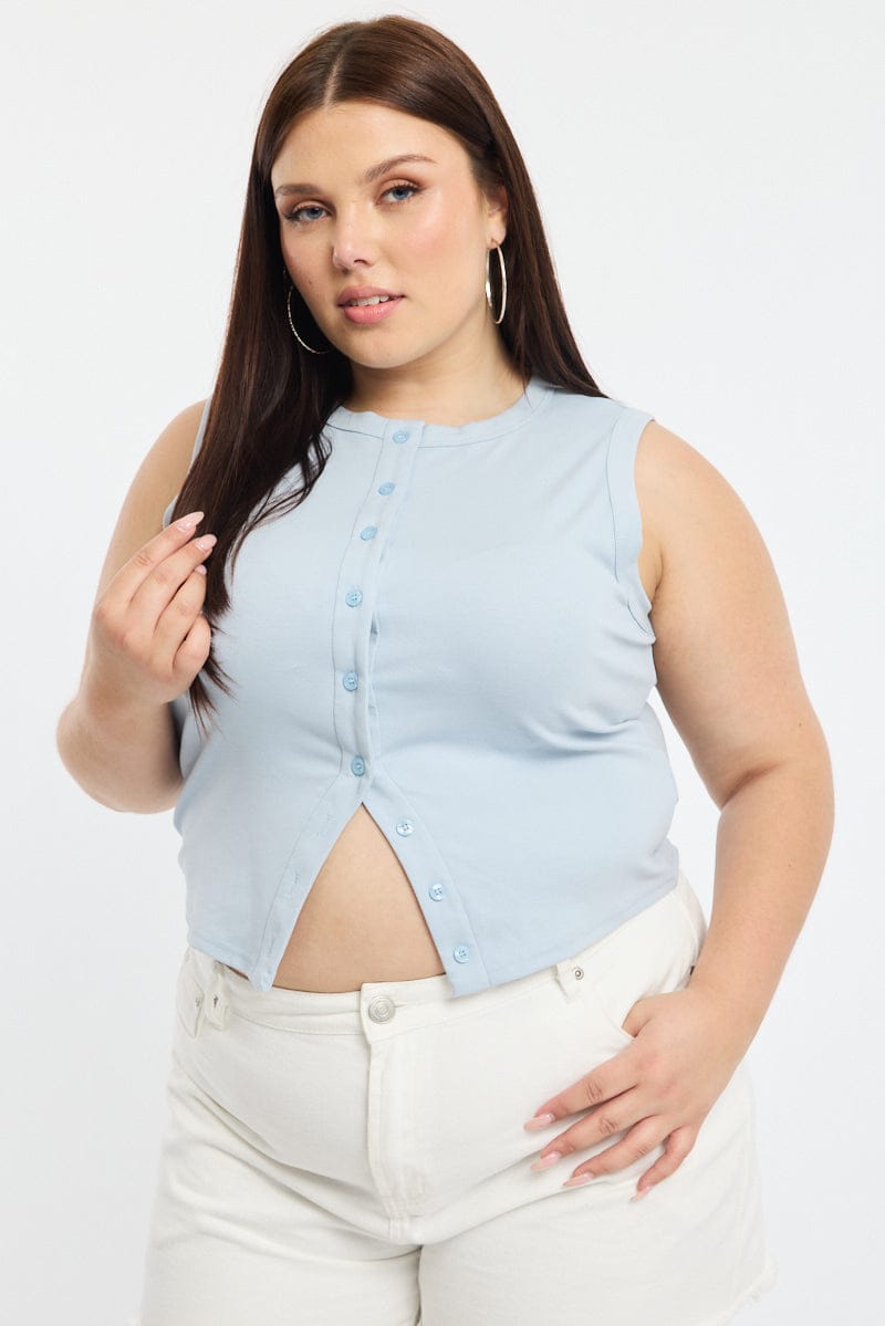 Blue Button Front Top Sleeveless for YouandAll Fashion