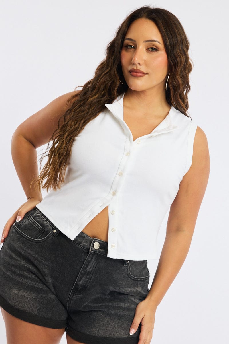 White Button Front Top Sleeveless for YouandAll Fashion