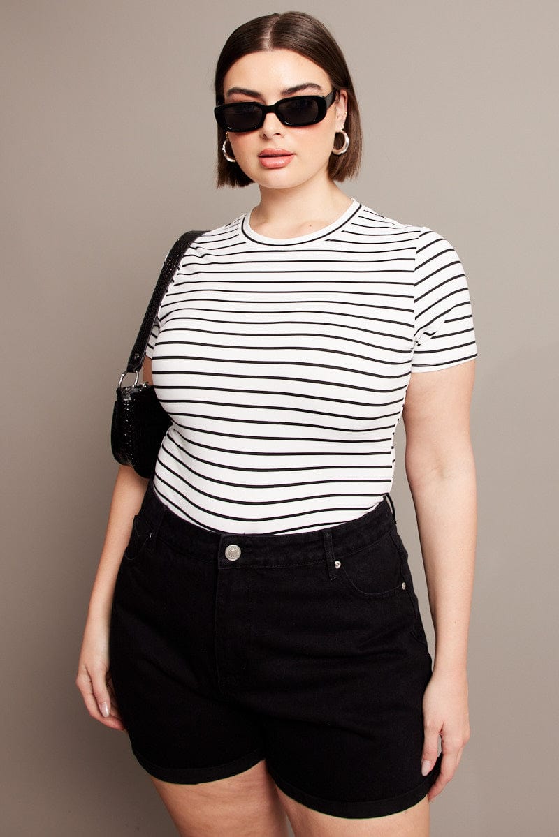 White Stripe Bodysuit Short Sleeve Crew Neck Supersoft for YouandAll Fashion