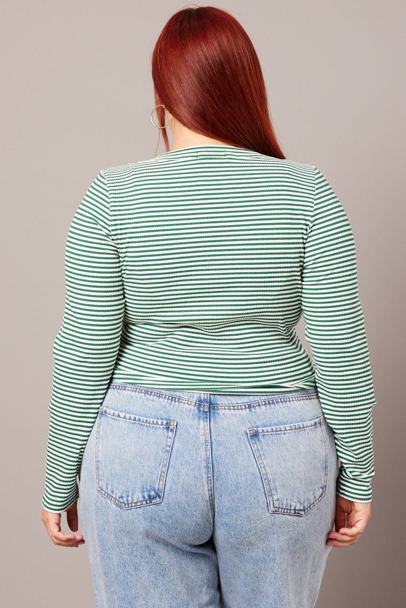 Green Stripe Top Long Sleeve Scoop Neck for YouandAll Fashion