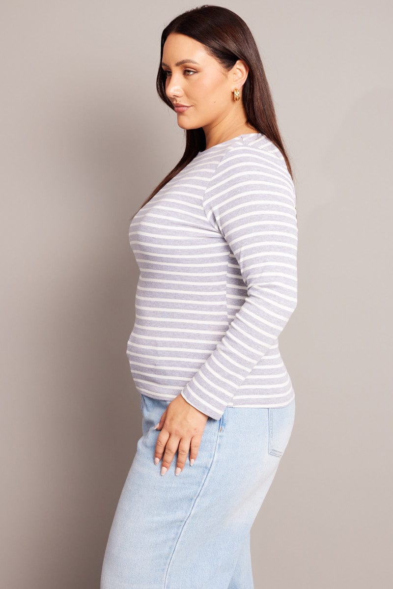 Grey Stripe T Shirt Long Sleeve Boat Neck Longline for YouandAll Fashion