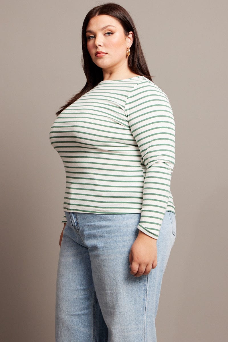 Green Stripe T Shirt Long Sleeve Boat Neck Longline for YouandAll Fashion