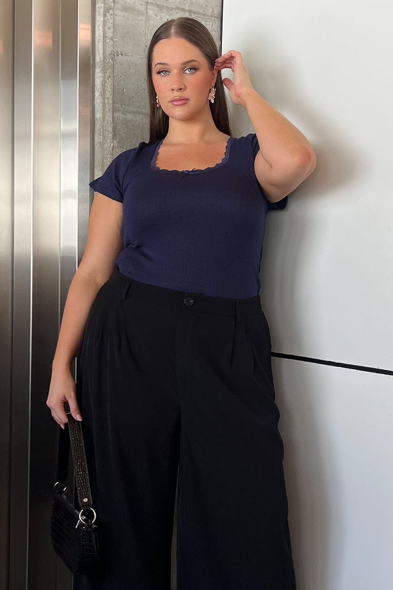 Blue T-shirt Short Sleeve Scoop Neck Lace Trim for YouandAll Fashion