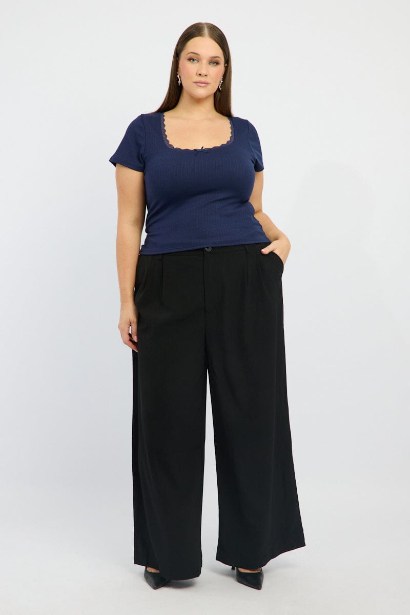 Blue T-shirt Short Sleeve Scoop Neck Lace Trim for YouandAll Fashion