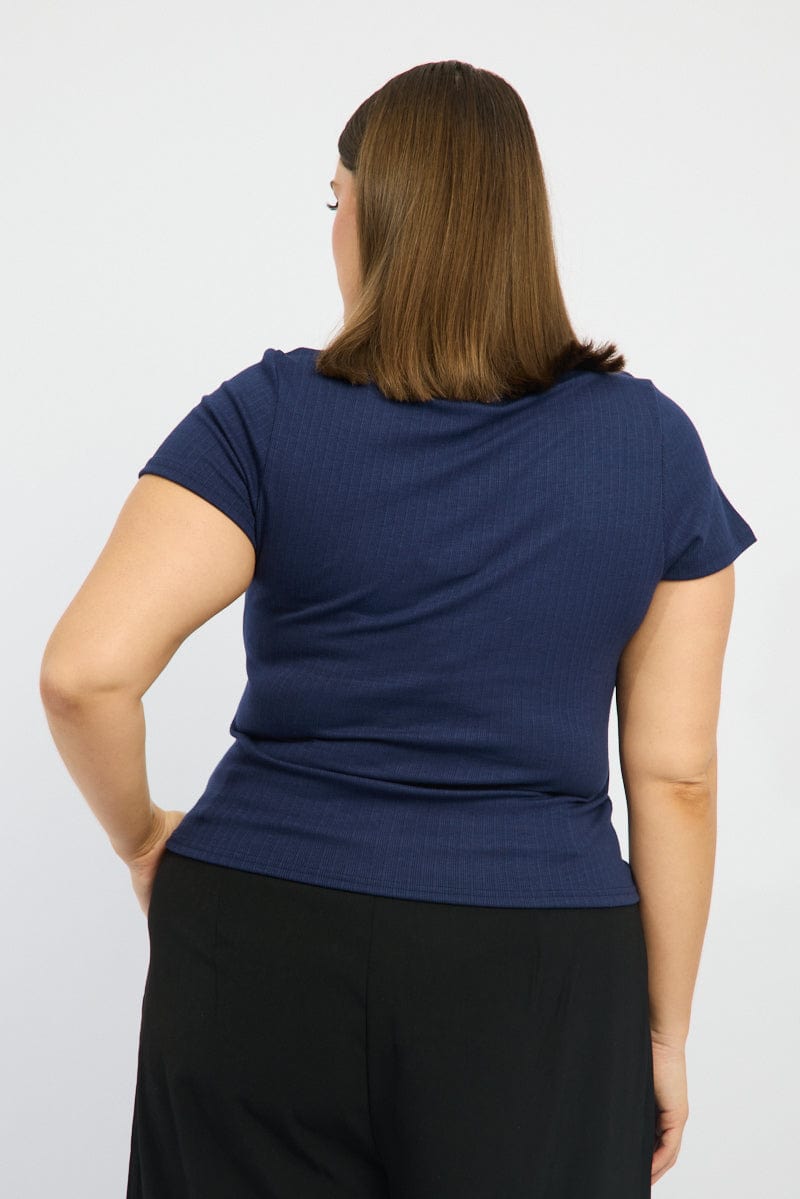 Blue T-shirt Short Sleeve Scoop Neck Lace Trim for YouandAll Fashion