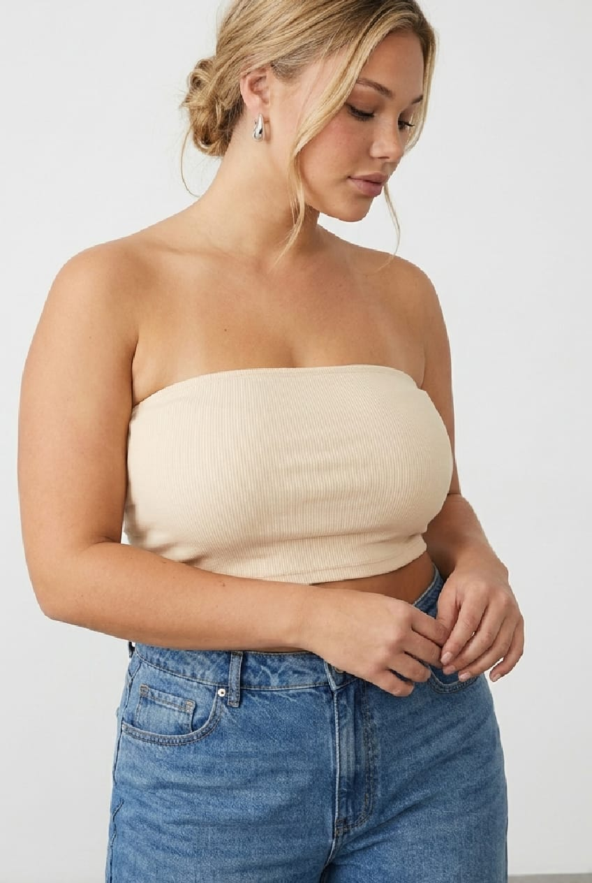 Beige Bandeau Top Rib Double Layered for YouandAll Fashion
