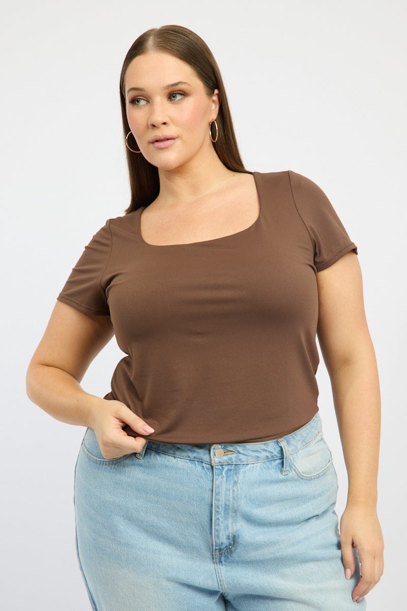 Brown Supersoft Top Short Sleeve Scoop Neck for YouandAll Fashion