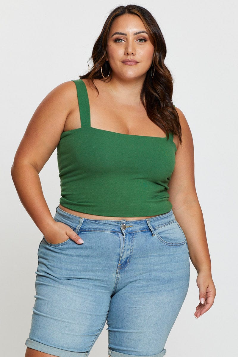 Green Singlet Top Square Neck Crop For Women By You And All