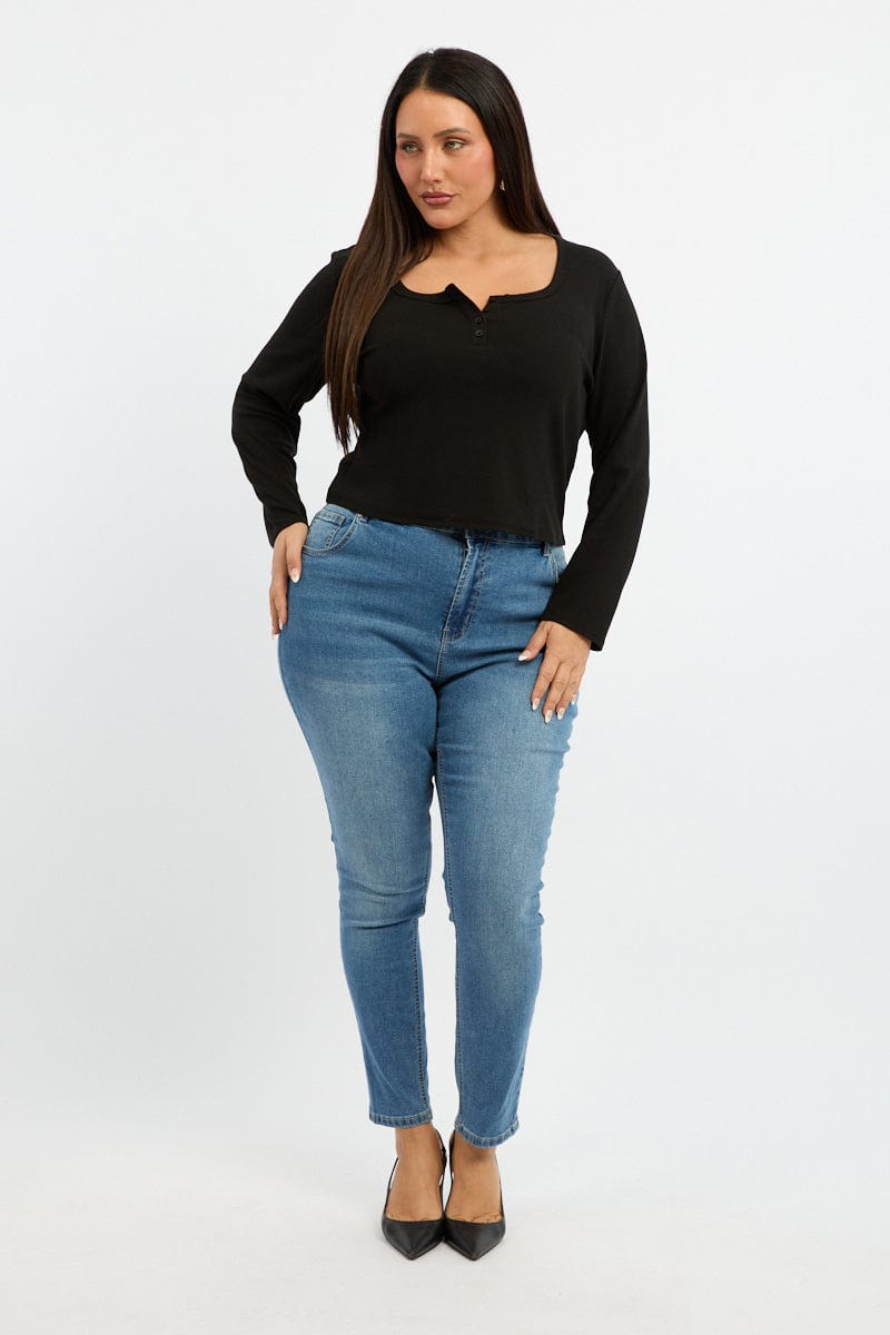 Black Button Down Top Long Sleeve Scoop Neck for YouandAll Fashion