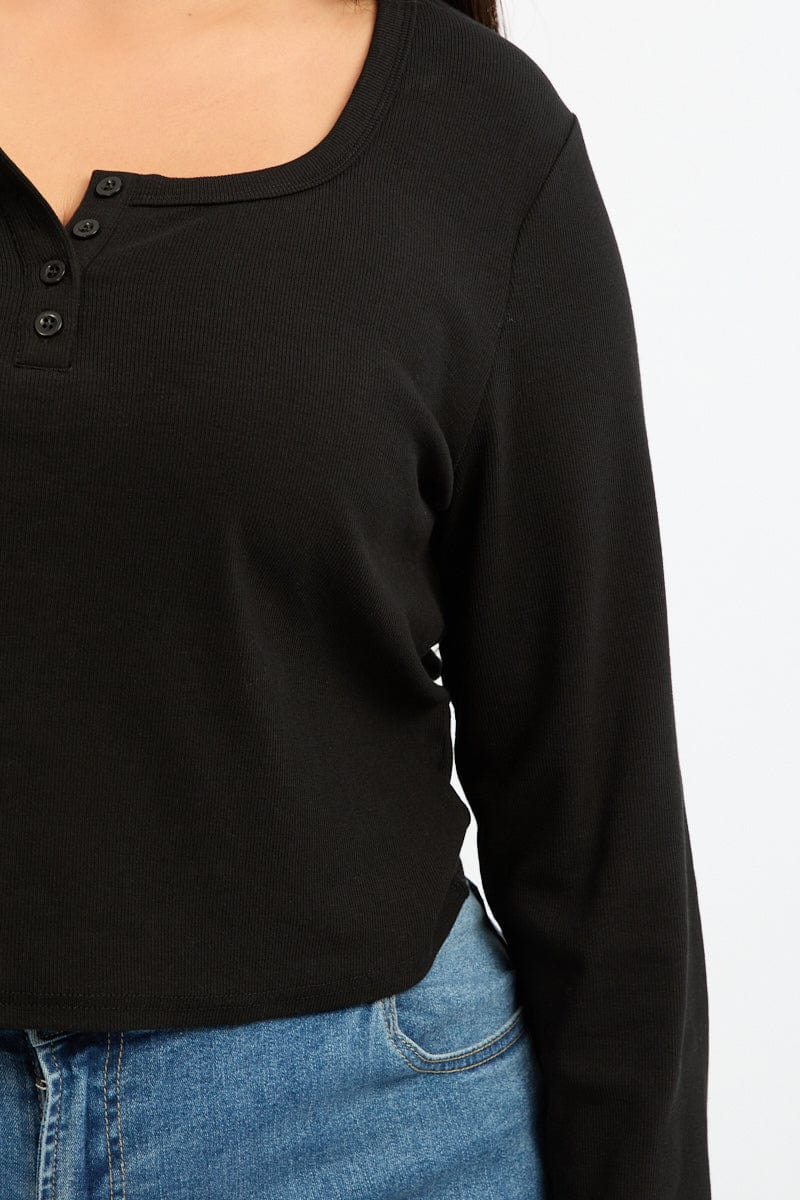 Black Button Down Top Long Sleeve Scoop Neck for YouandAll Fashion