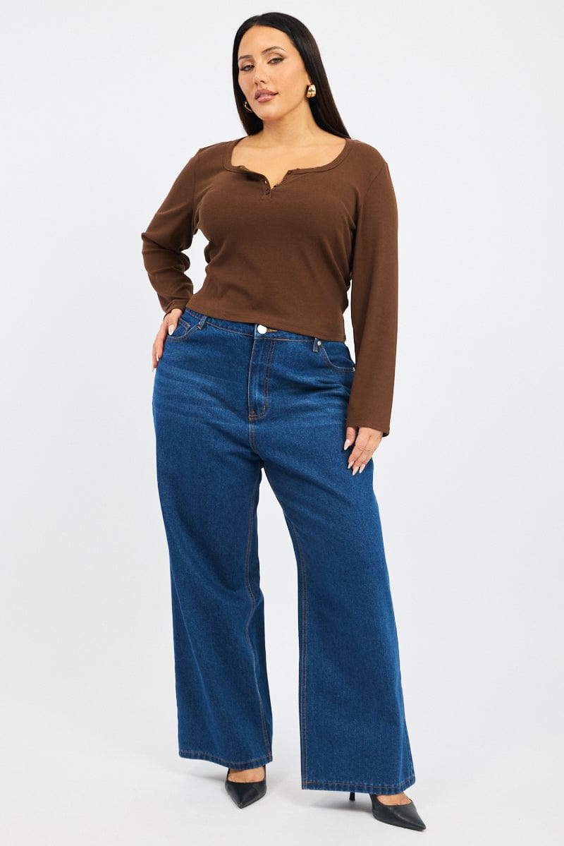 Brown Button Down Top Long Sleeve Scoop Neck for YouandAll Fashion