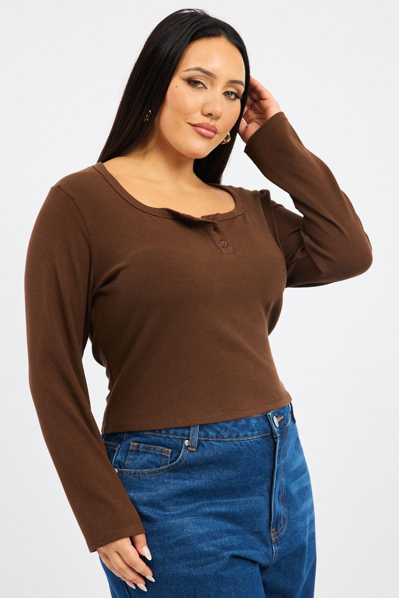 Brown Button Down Top Long Sleeve Scoop Neck for YouandAll Fashion