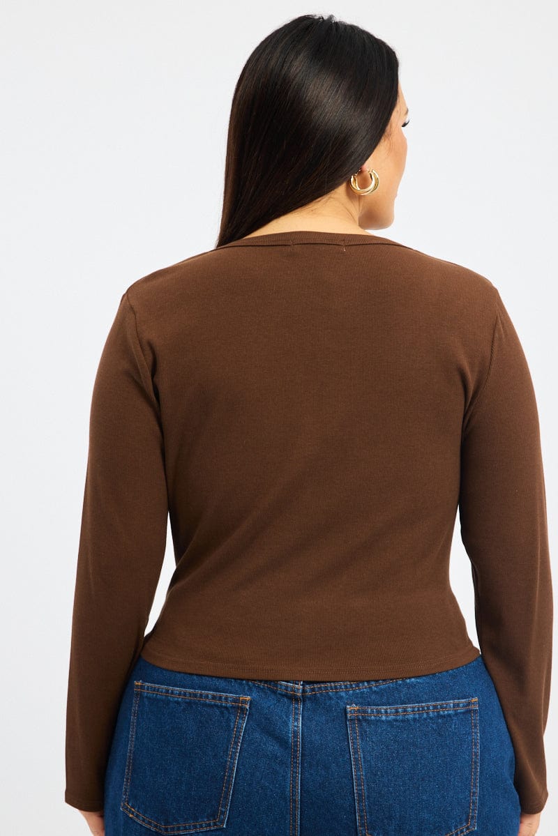 Brown Button Down Top Long Sleeve Scoop Neck for YouandAll Fashion