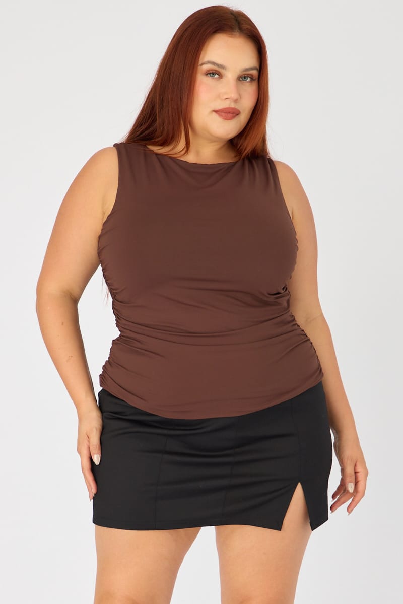 Brown Ruched Top Sleeveless Double Layered for YouandAll Fashion