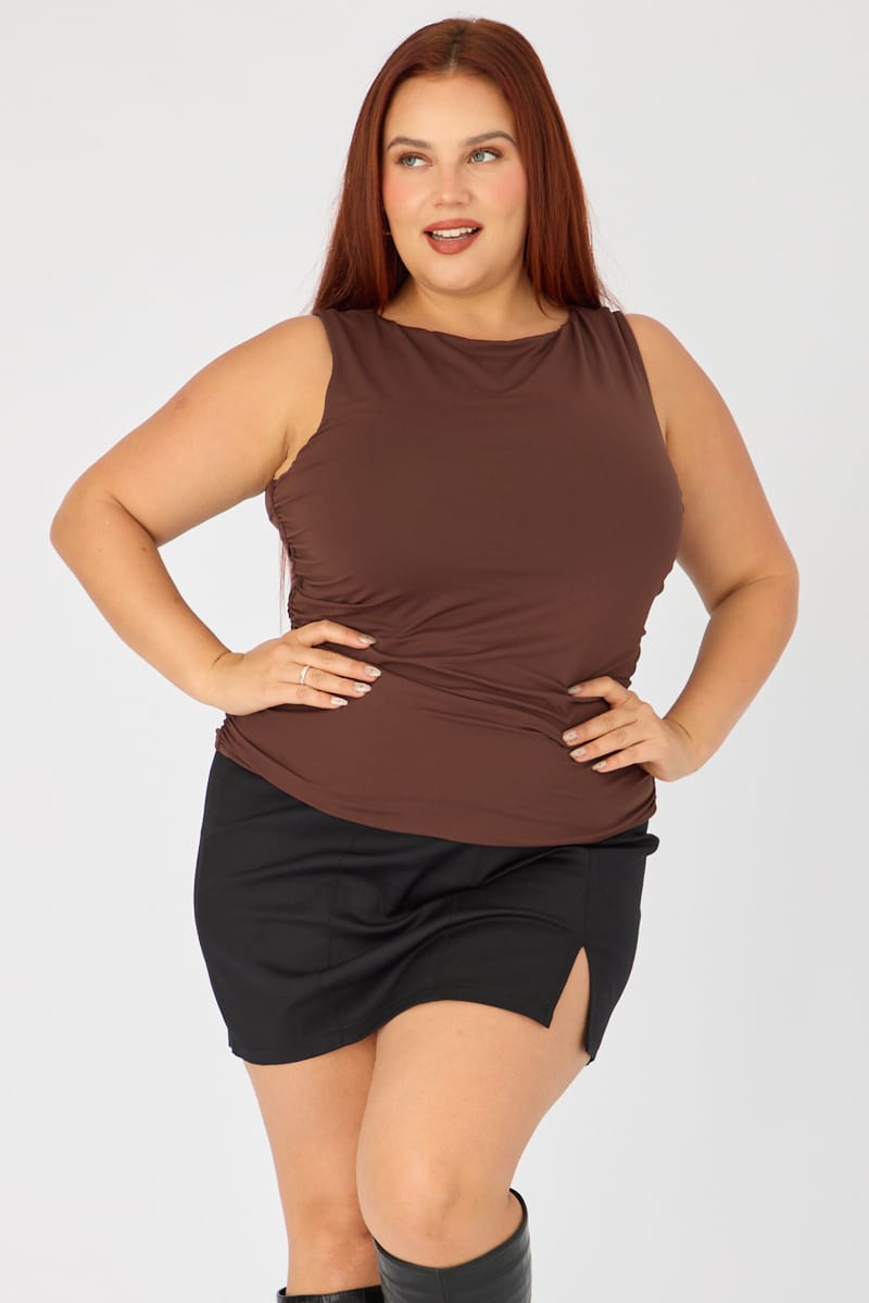 Brown Ruched Top Sleeveless Double Layered for YouandAll Fashion