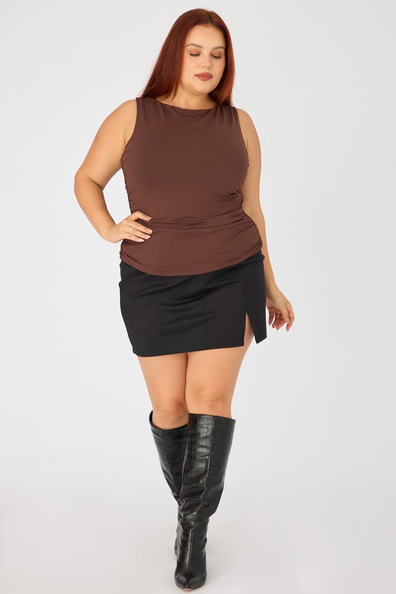 Brown Ruched Top Sleeveless Double Layered for YouandAll Fashion