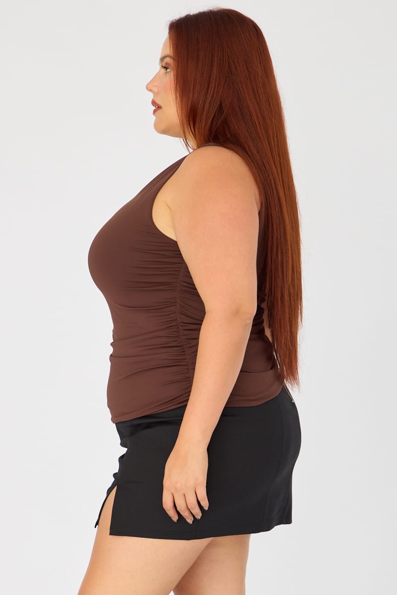 Brown Ruched Top Sleeveless Double Layered for YouandAll Fashion